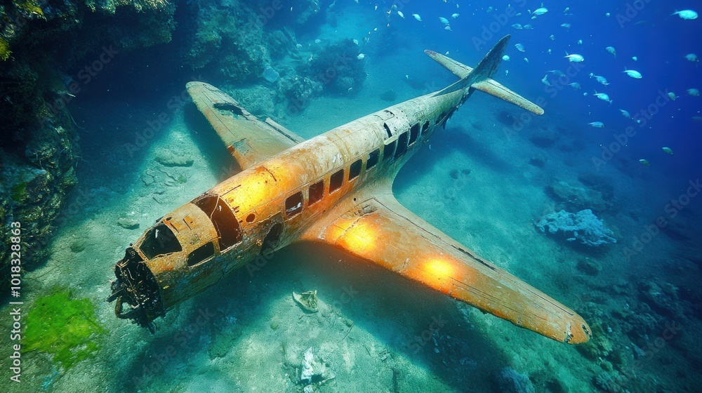 Fototapeta premium Sunken Airplane in Vibrant Underwater Scene