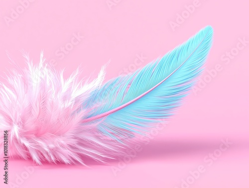 Colorful feather with pink fluff on a soft pink background.