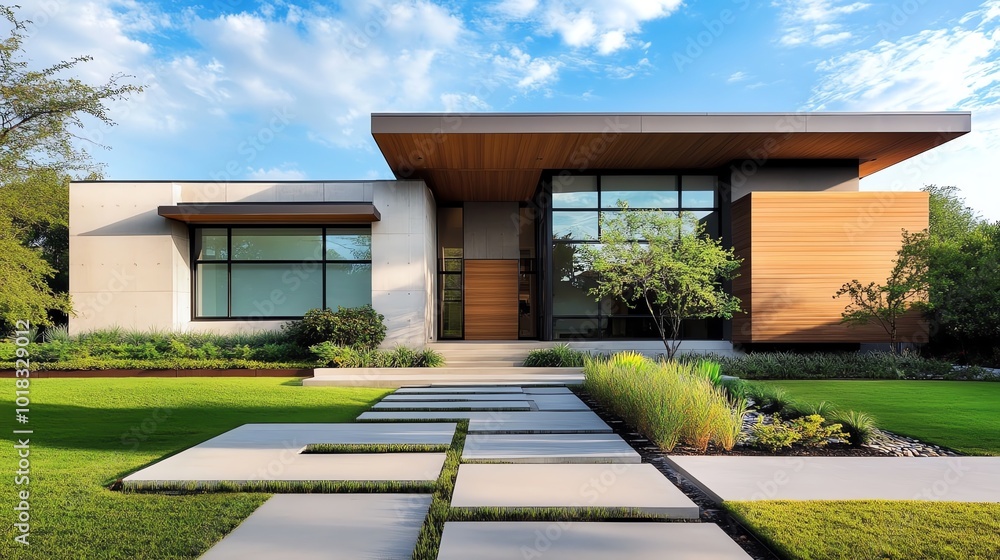 Modern house with large windows and landscaping. Modern house with large windows and landscaping.