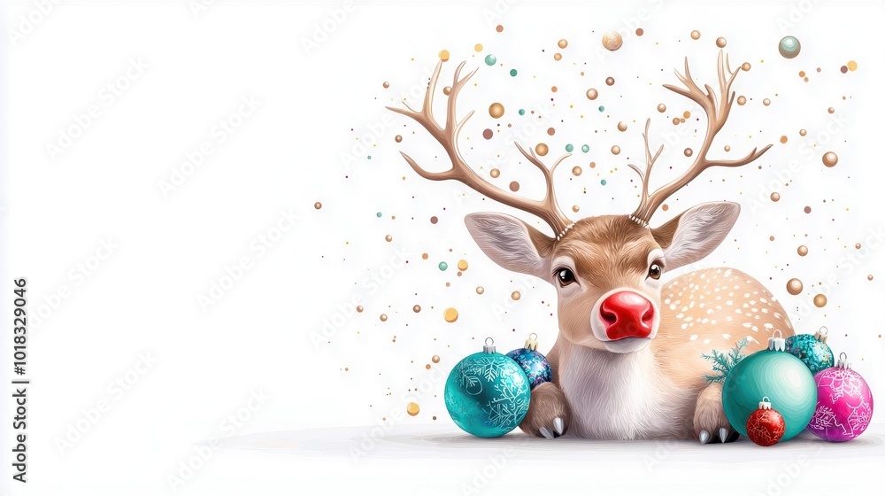 Fototapeta premium Cute reindeer surrounded by colorful Christmas ornaments on a white isolated background.