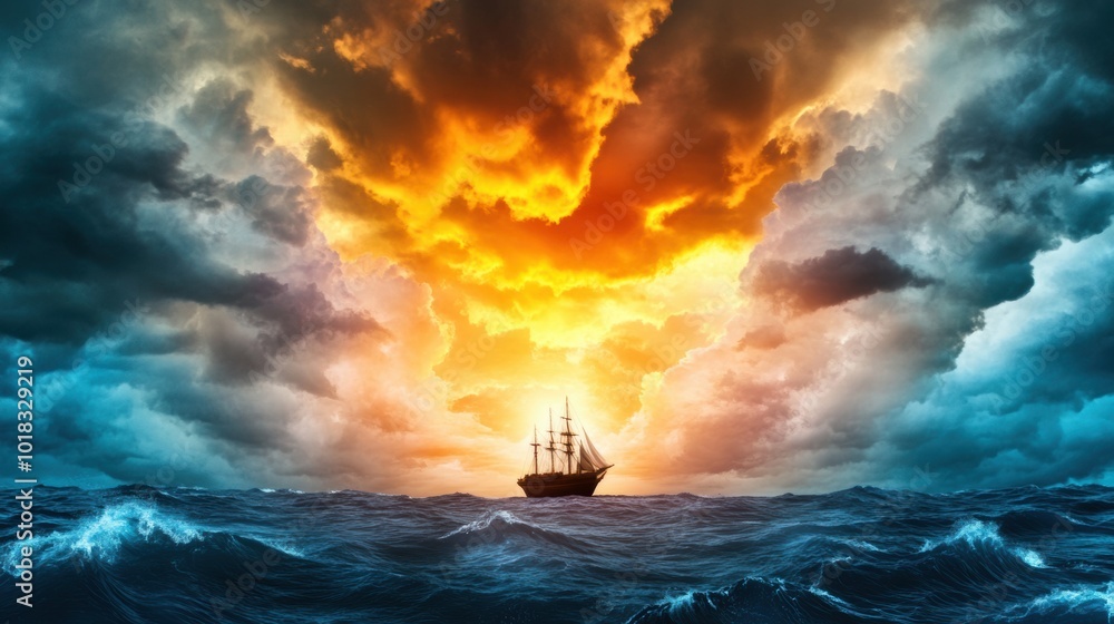 Dramatic Sunset Over Ocean with Sailing Ship in Distance Dramatic Sunset Over Ocean with Sailing Ship in Distance