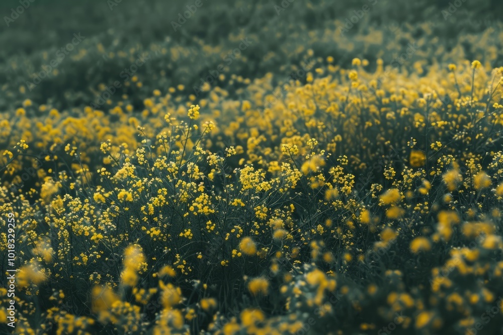 Obraz premium Seemingly endless field of yellow mustard plants in bloom. digital ai art