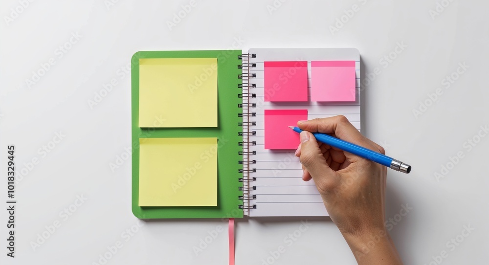 Hand drawing clipart of a notebook with sticky notes on plain white background Hand drawing clipart of a notebook with sticky notes on plain white background