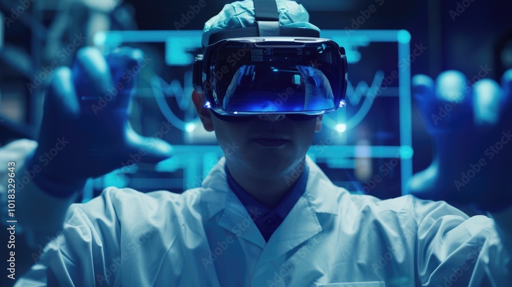 A healthcare worker in full protective gear interacts with virtual reality technology in a futuristic medical laboratory setting, highlighting the intersection of healthcare and innovation A healthcare worker in full protective gear interacts with virtual reality technology in a futuristic medical laboratory setting, highlighting the intersection of healthcare and innovation