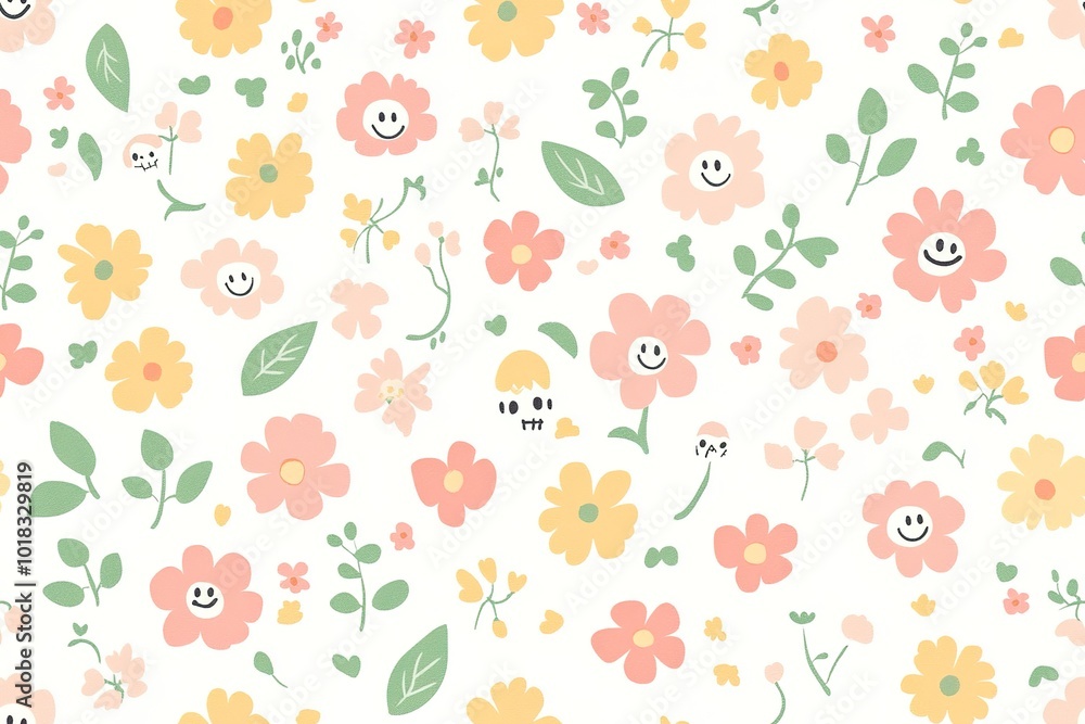 A seamless pattern of pastel-colored flowers and pumpkin leaves, with small skulls A seamless pattern of pastel-colored flowers and pumpkin leaves, with small skulls