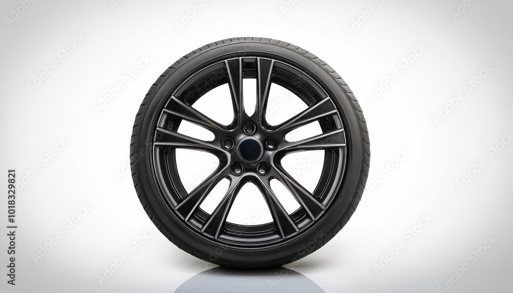 Fototapeta premium Shiny black car wheel isolated on white background 