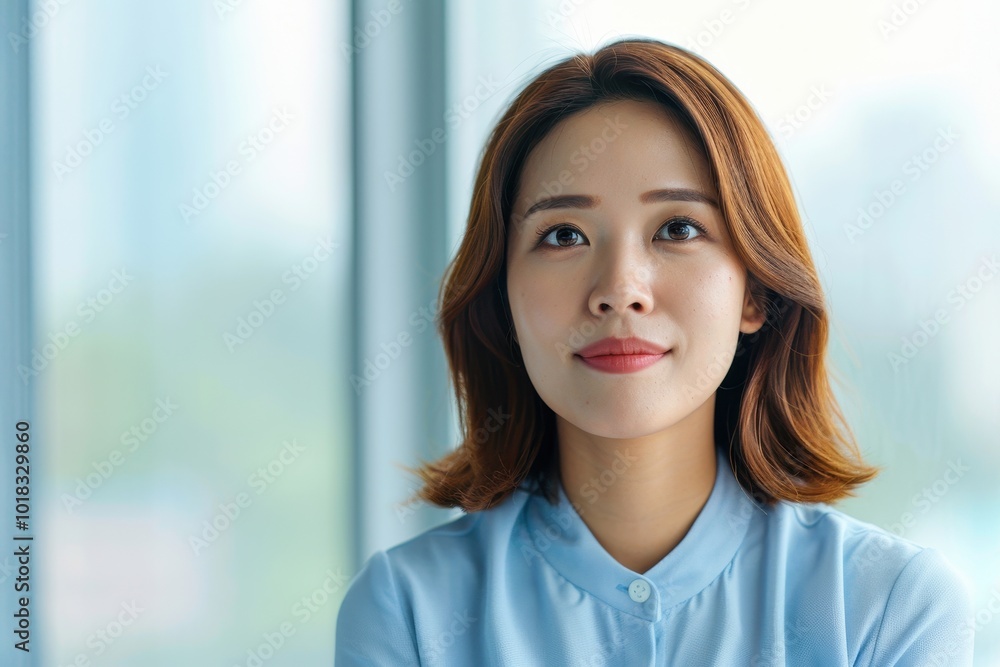 Confident young woman in blue blouse looking ahead Confident young woman in blue blouse looking ahead
