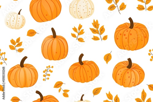 Pumpkins and autumn leaves seamless pattern on white background vector illustration