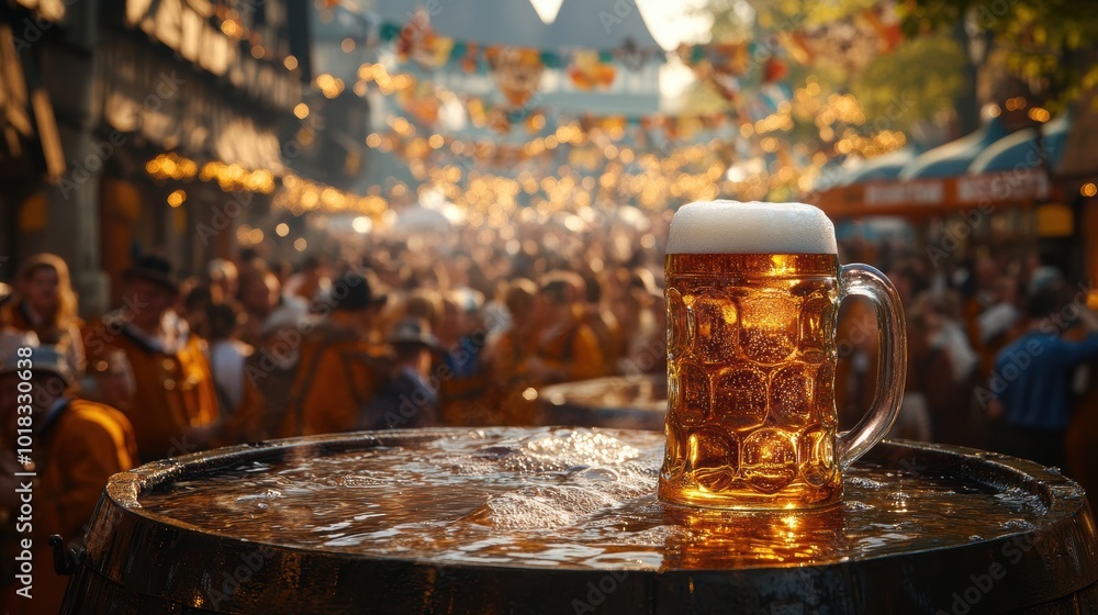 A large beer stein sits on a barrel at an outdoor festival, with a lively crowd and festive lights in the background. A large beer stein sits on a barrel at an outdoor festival, with a lively crowd and festive lights in the background.