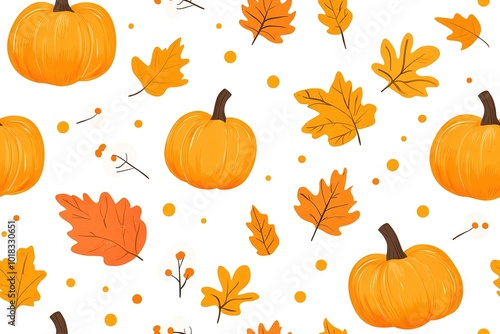Pumpkins and autumn leaves seamless pattern on white background vector illustration