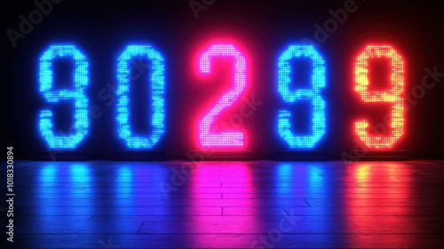 Neon Number Display Reflecting On Glossy Wooden Floor