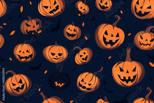 Creepy pumpkins, a simple vector pattern, a dark blue background, and orange color accents. High quality