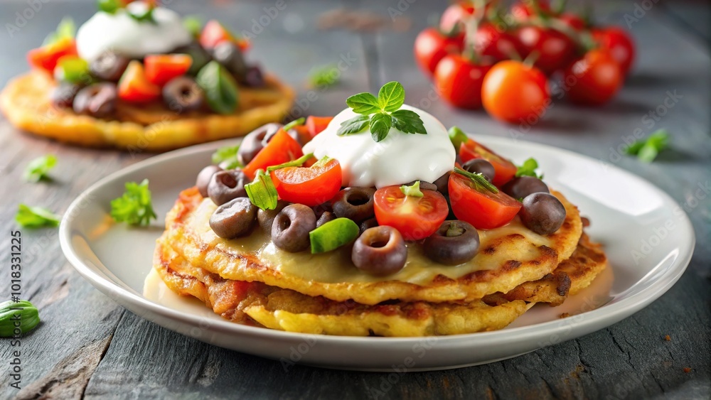 Fried potato pancakes with beef, olives, tomatoes, and sour cream Fried potato pancakes with beef, olives, tomatoes, and sour cream
