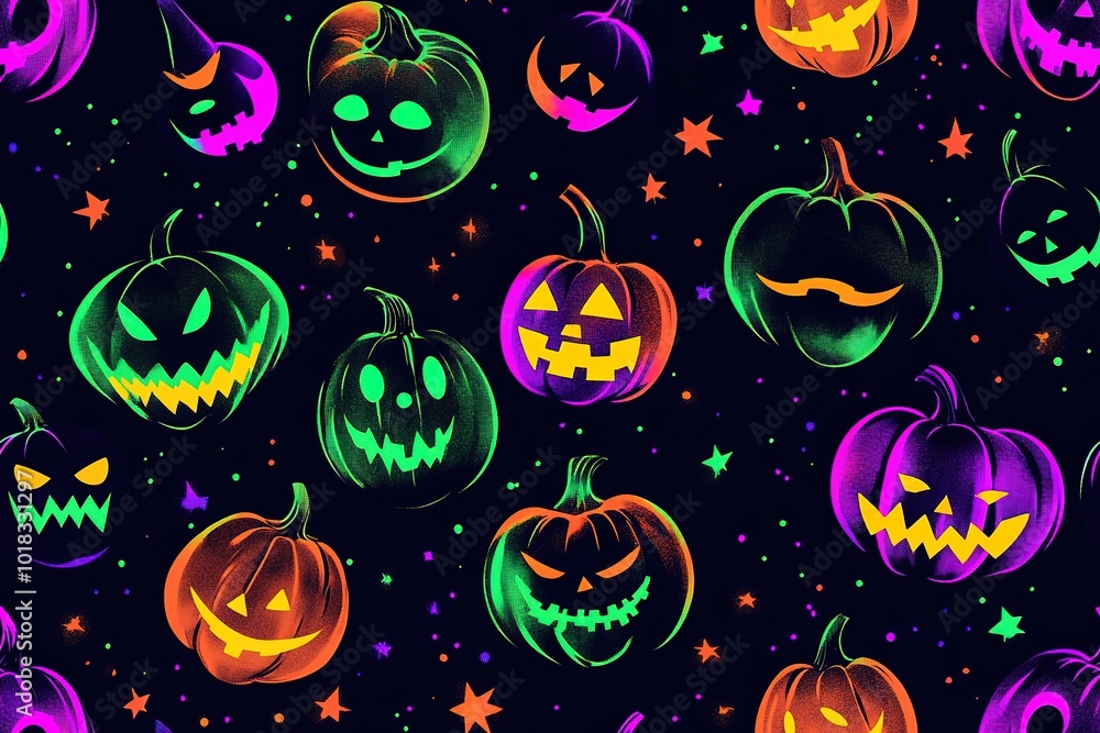 Fototapeta premium A black background with a colorful, glowing pattern of cartoon Halloween faces. High quality