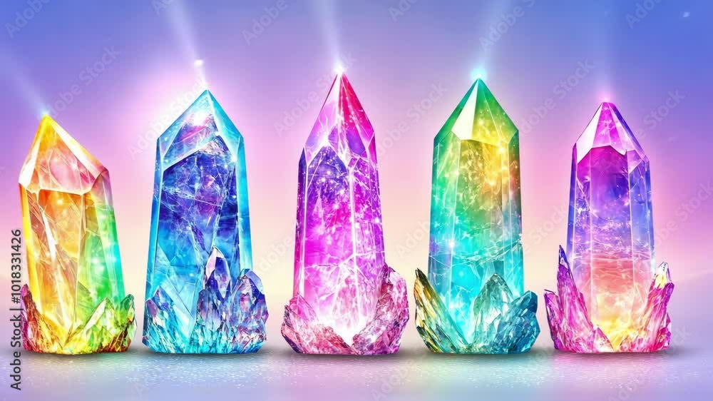 Vibrant multicolored crystals radiating light in a magical setting Vibrant multicolored crystals radiating light in a magical setting