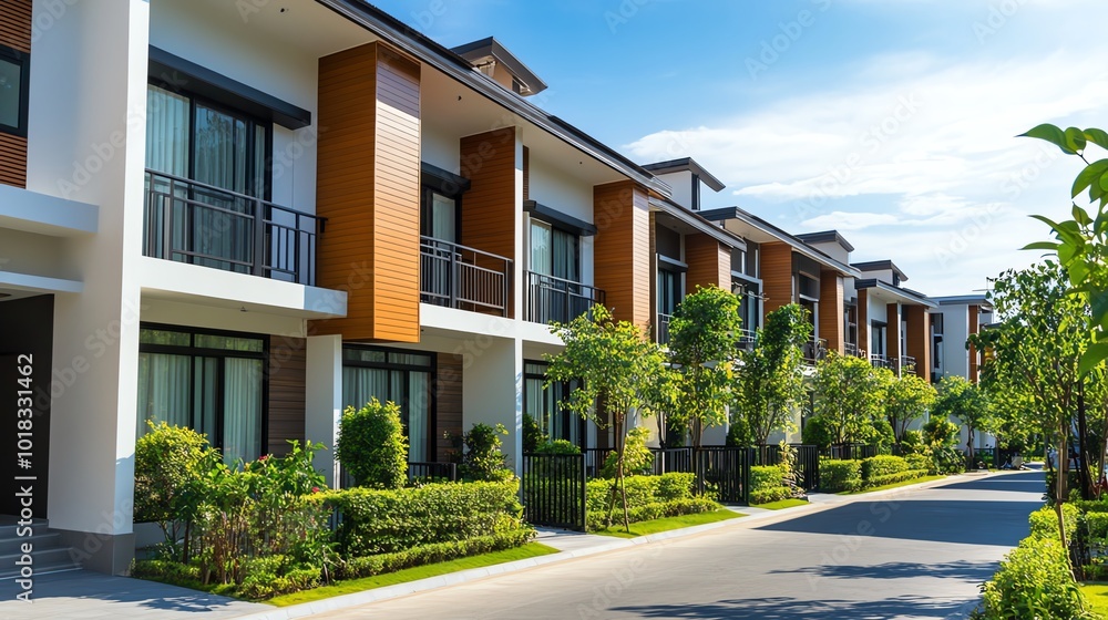 Modern townhouses with green landscaping on a sunny day. Modern townhouses with green landscaping on a sunny day.