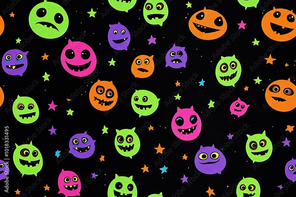 A pattern of cute pumpkins, mushrooms, and leaves in neon colors on a black background, with stars and rainbow-colored glittering effects, creating a cute Halloween design. High quality A pattern of cute pumpkins, mushrooms, and leaves in neon colors on a black background, with stars and rainbow-colored glittering effects, creating a cute Halloween design. High quality