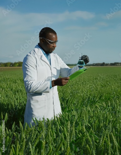 Scientist Analyzing Crops in Green Field