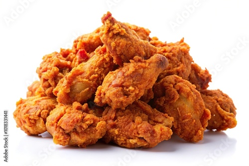 Fried spicy chicken on white background with reflection