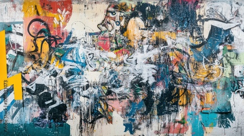 Vibrant Textured Street Art Mural with Multiple Layers