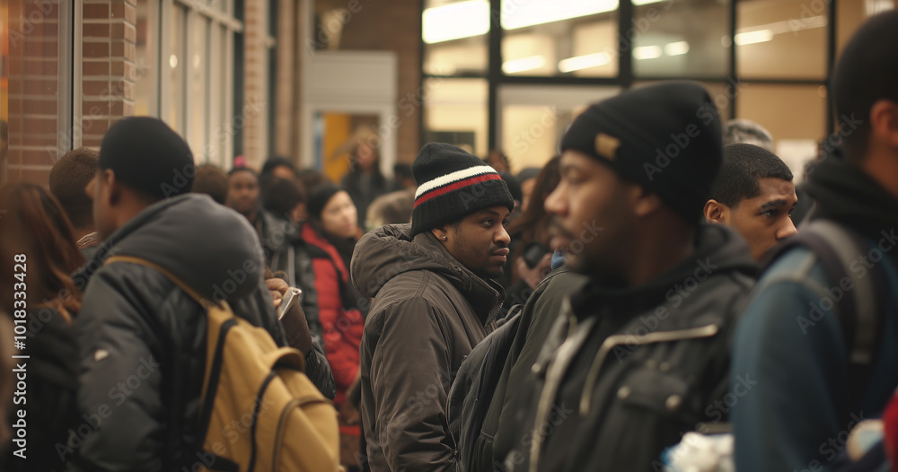 Young Men Waiting in Line with Winter Gear Young Men Waiting in Line with Winter Gear