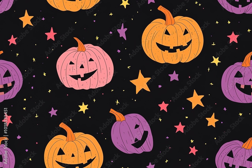 Pumpkins and stars, neon colors on a black background pattern. High quality Pumpkins and stars, neon colors on a black background pattern. High quality
