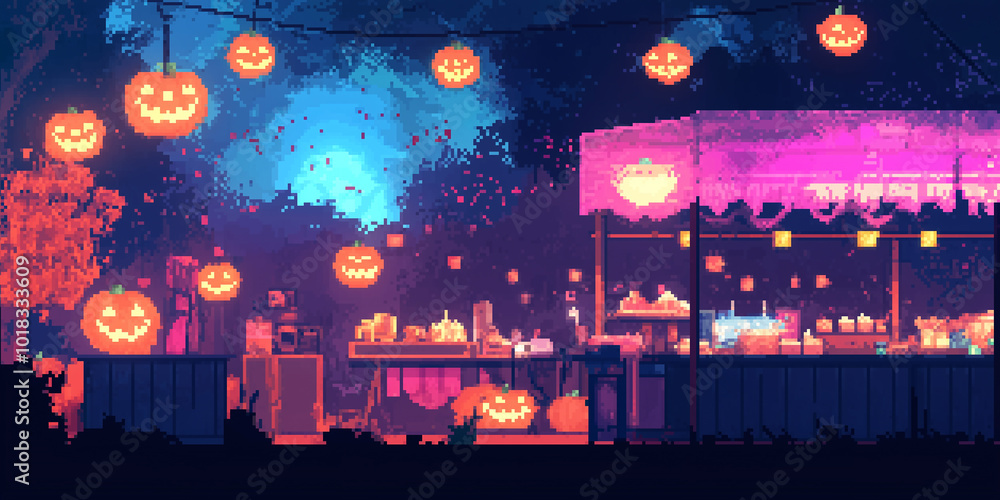 Obraz premium Festive Glow: A pixel Halloween market bursting with neon lights and glowing pumpkins. 