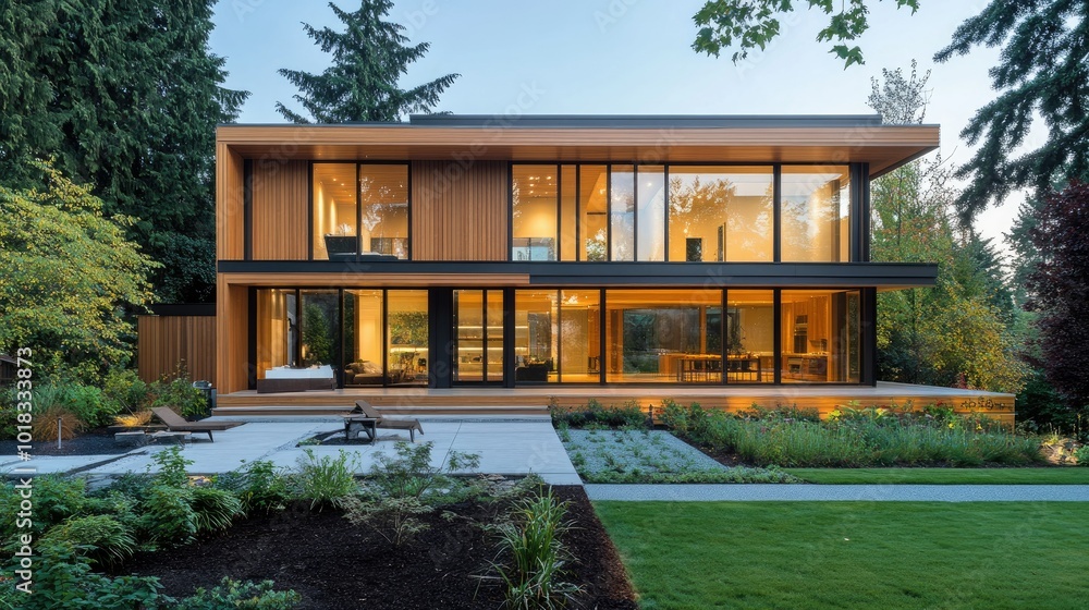 Obraz premium Contemporary home with a wooden facade, large windows, and clean lines in a minimalist setting.