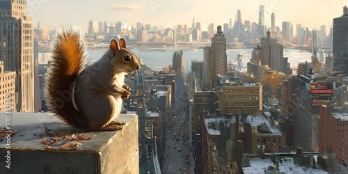 Urban Squirrel Overlooking the Cityscape from a High Perch