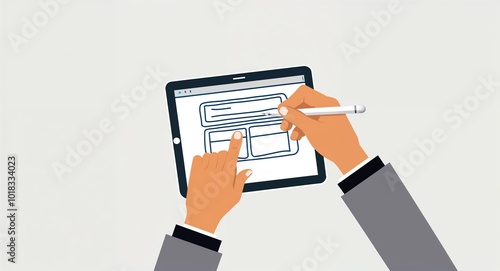 Hand drawing clipart of a tablet with a stylus on plain white background photo