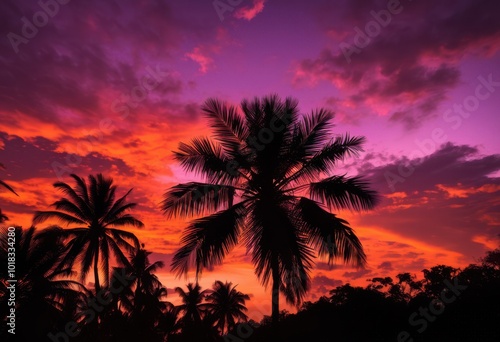 stunning tropical palm silhouette colorful vibrant sunset sky creating serene dreamy atmosphere, clouds, orange, reflection, nature, bay, landscape, evening