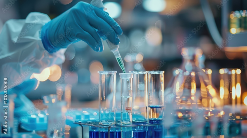 A scientist in protective gear is conducting an experiment with test tubes and vials on the table