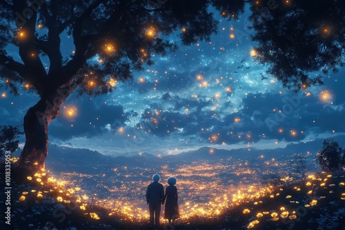 heartwarming scene of elderly couple stargazing on a hilltop surrounded by fireflies and bioluminescent flowers in a fantastical twilight setting