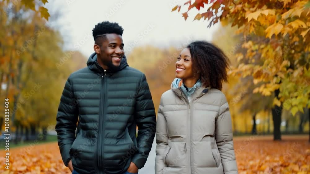 Young couple enjoys a leisurely walk through a vibrant autumn park, surrounded by colorful leaves. Warm jackets complement their cheerful smiles and engaging conversation Young couple enjoys a leisurely walk through a vibrant autumn park, surrounded by colorful leaves. Warm jackets complement their cheerful smiles and engaging conversation