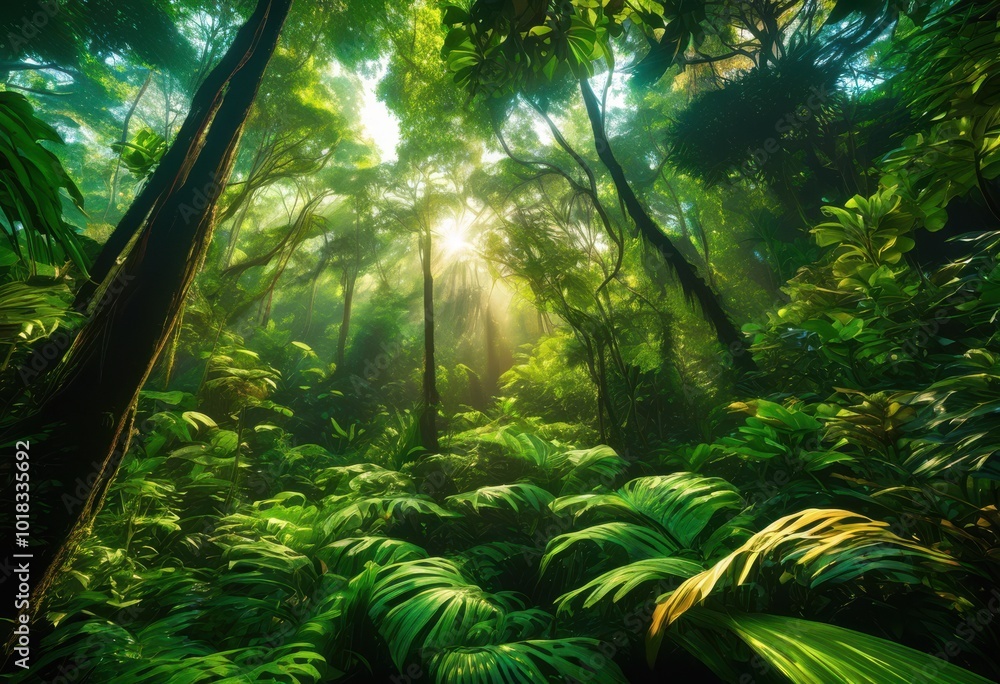 Naklejka premium lush green jungle canopy vibrant flora showcasing diversity plant life rich natural environment, foliage, vegetation, plants, leaves, trees, vines, flowers