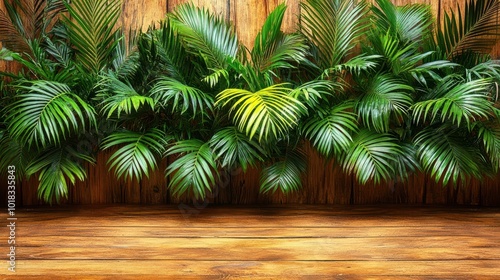 Lush Tropical Foliage Bordering a Rustic Wooden Surface