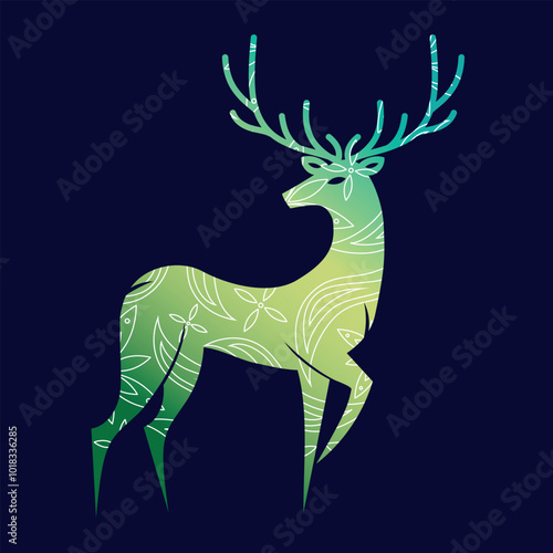 Green deer with pattern on dark blue background