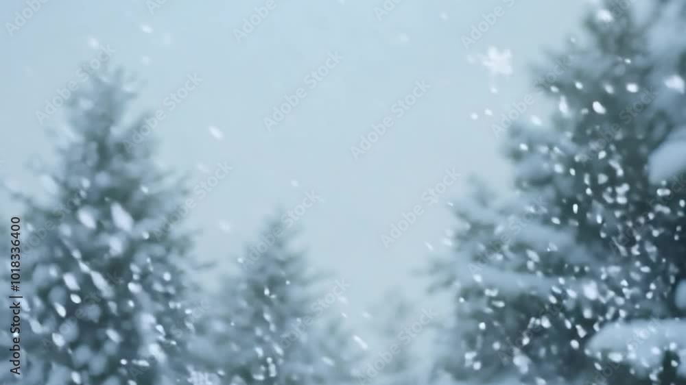 Snowflakes gently falling over evergreen trees, creating a serene winter forest scene. Soft snowfall enhances the tranquility of the woods Snowflakes gently falling over evergreen trees, creating a serene winter forest scene. Soft snowfall enhances the tranquility of the woods