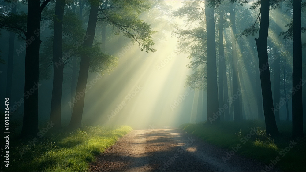 Fototapeta premium Forest path is illuminated by the sun, creating a peaceful
