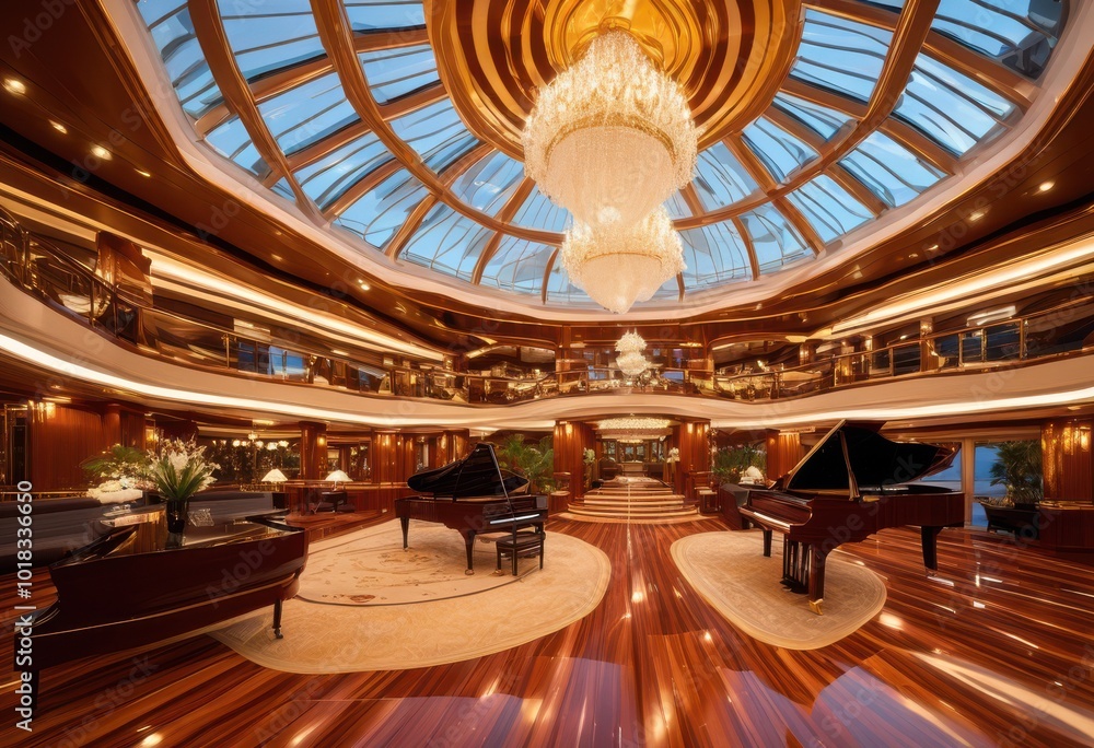 Obraz premium breathtaking luxury cruise ship interior featuring elegant lavish opulent decor glamorous holiday experience, design, amenities, comfort, relaxation