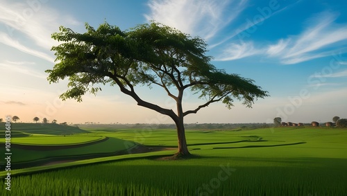 Landscape of Bangladesh with paddy field and a tree in the rules of third position