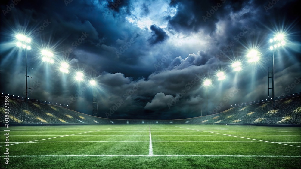 Mysterious football field with dark clouds and stadium lights silhouette Mysterious football field with dark clouds and stadium lights silhouette