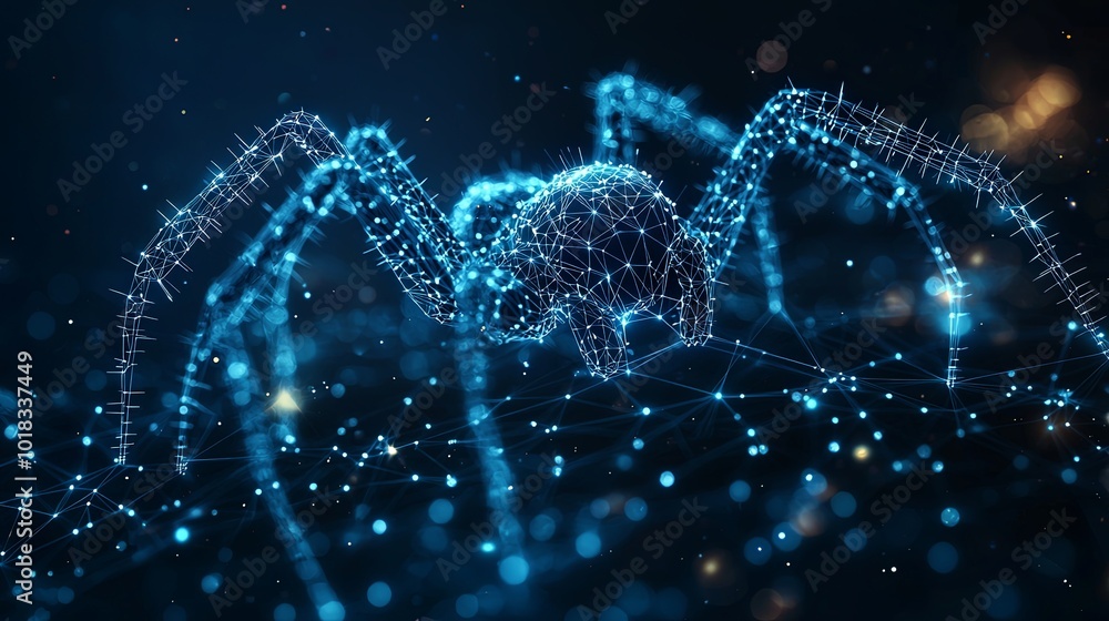 A neon spider constructed of digital lines sparkles in a shimmering blue landscape, depicting the intersection of organic form and electronic aesthetics. A neon spider constructed of digital lines sparkles in a shimmering blue landscape, depicting the intersection of organic form and electronic aesthetics.