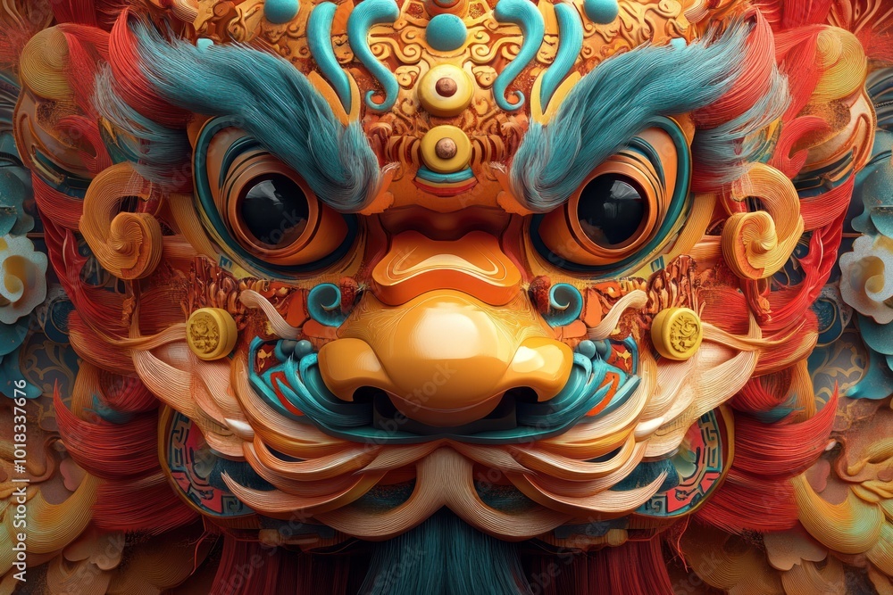 A close-up view of a vibrant and detailed Chinese lion dance mask, featuring intricate patterns and a powerful expression. A close-up view of a vibrant and detailed Chinese lion dance mask, featuring intricate patterns and a powerful expression.