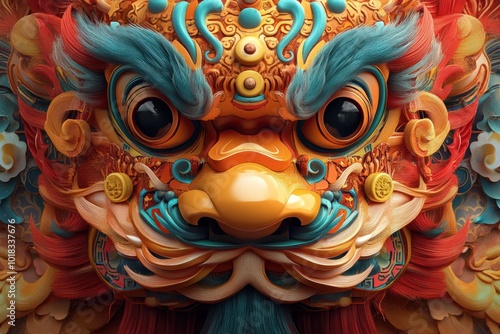 Wallpaper Mural A close-up view of a vibrant and detailed Chinese lion dance mask, featuring intricate patterns and a powerful expression. Torontodigital.ca