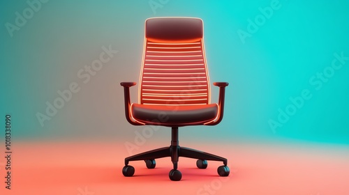 Ergonomic office chair glowing with energy lines, highlighting posture correction, office syndrome, workplace wellness photo