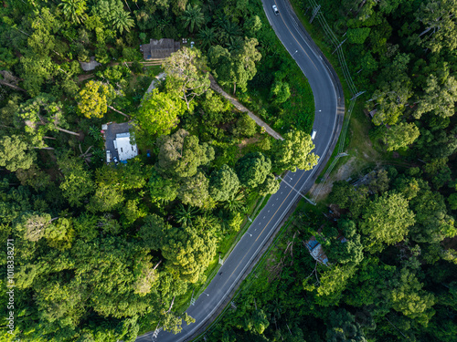 Aerial view transport road on tropical rainforest mountain