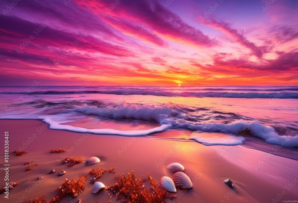Obraz premium breathtaking beach sunset showcasing vibrant gentle serene atmosphere, waves, color, sky, clouds, sandy, water, sea, landscape, reflection, horizon