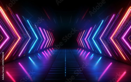 A vibrant neon corridor with colorful lights creating an immersive atmosphere for futuristic concepts and creative projects.