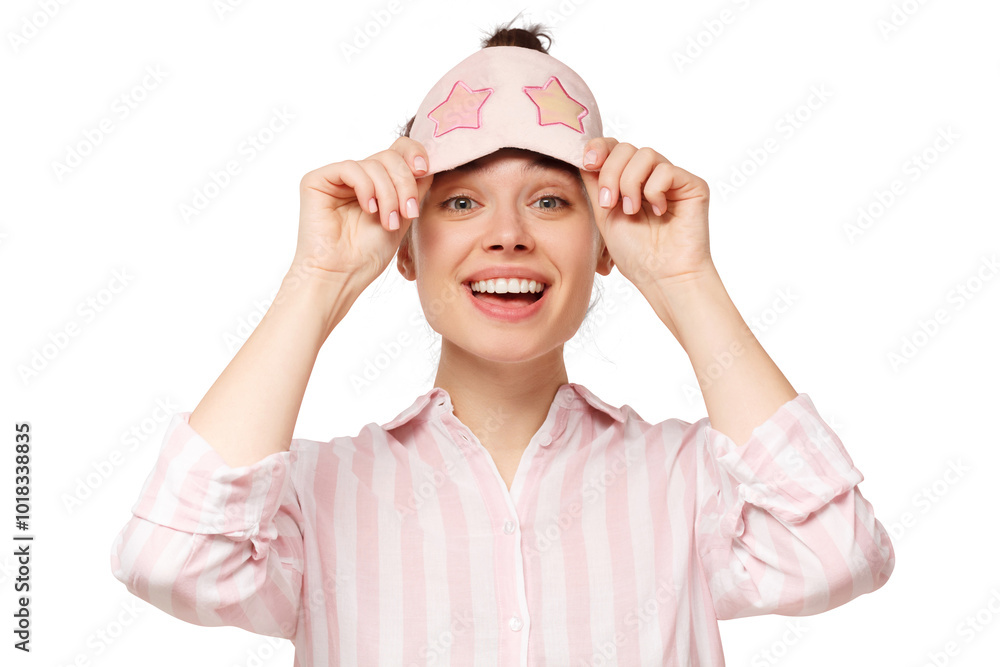 Young happy smiling woman, looking under sleeping mask which she is wearing on forehead Young happy smiling woman, looking under sleeping mask which she is wearing on forehead